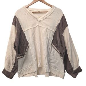 POL Mixed Media V-Neck Top Cream Brown Cotton Linen Boho GWT426 Large